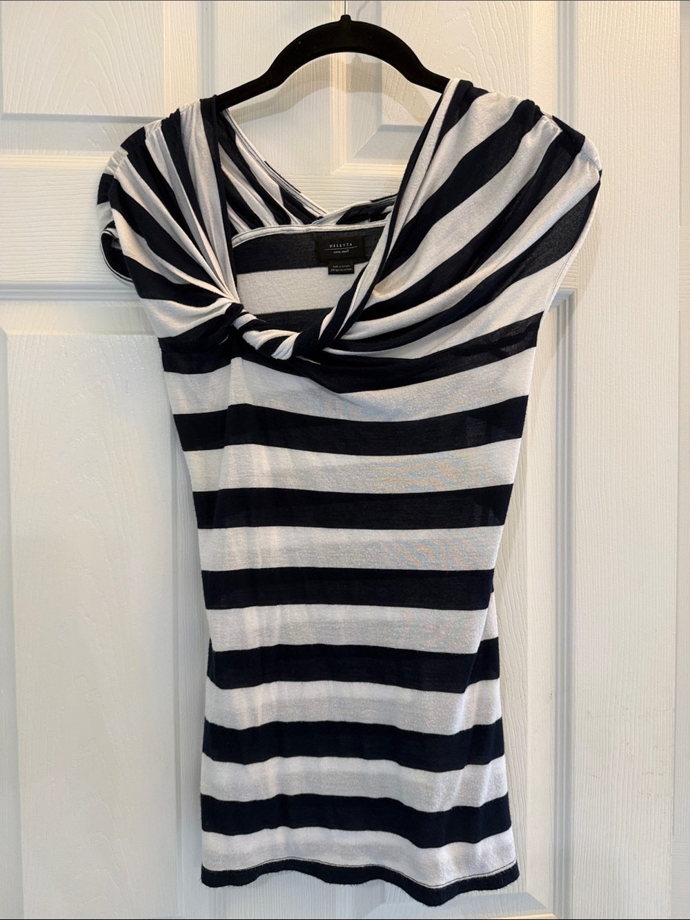 Anthropologie Striped Knot-Neck Top in Navy and White - (Fits Close to Body)